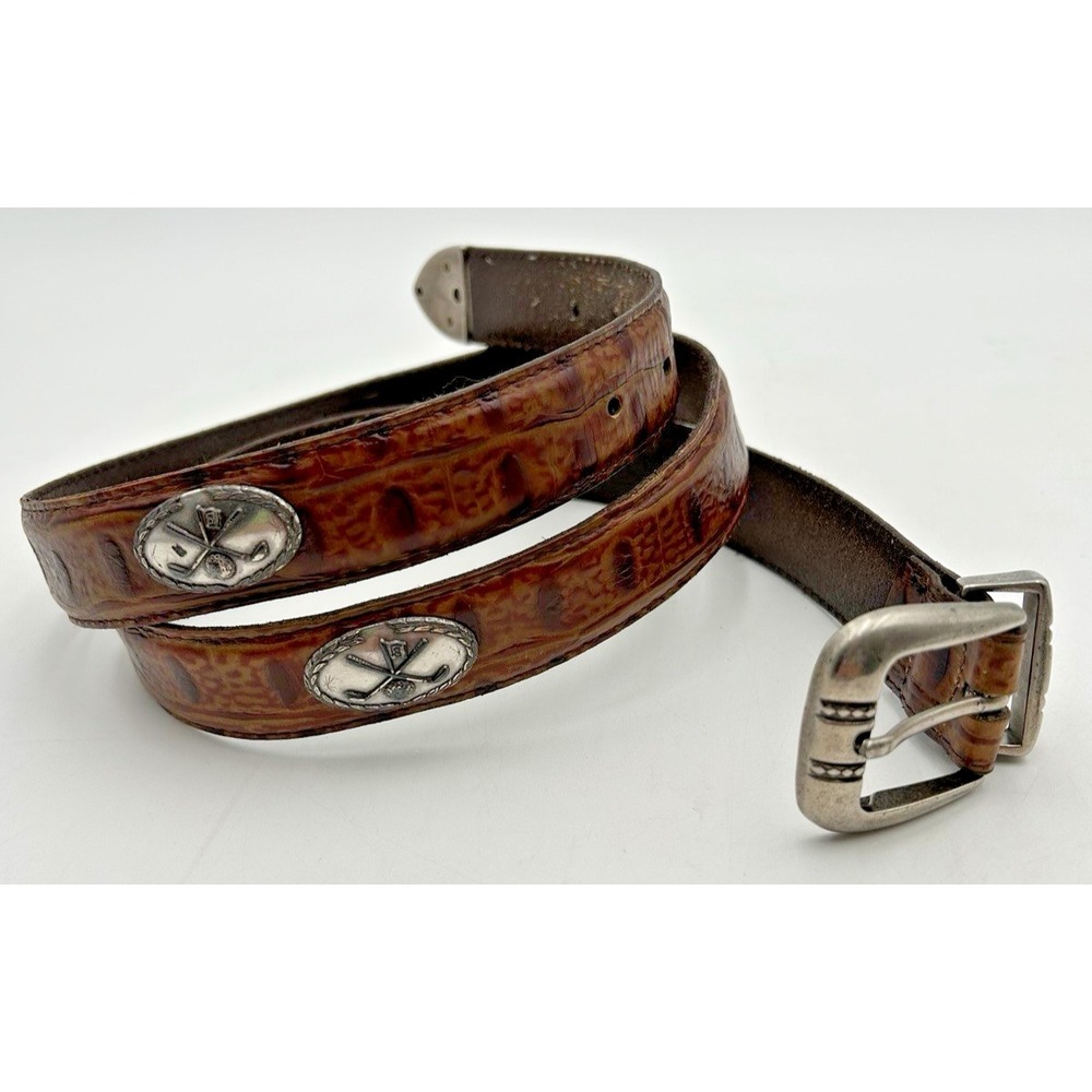 Men's Belt Imported Italian Leather Silver Golf Conchos Alligator Embossed 43 In